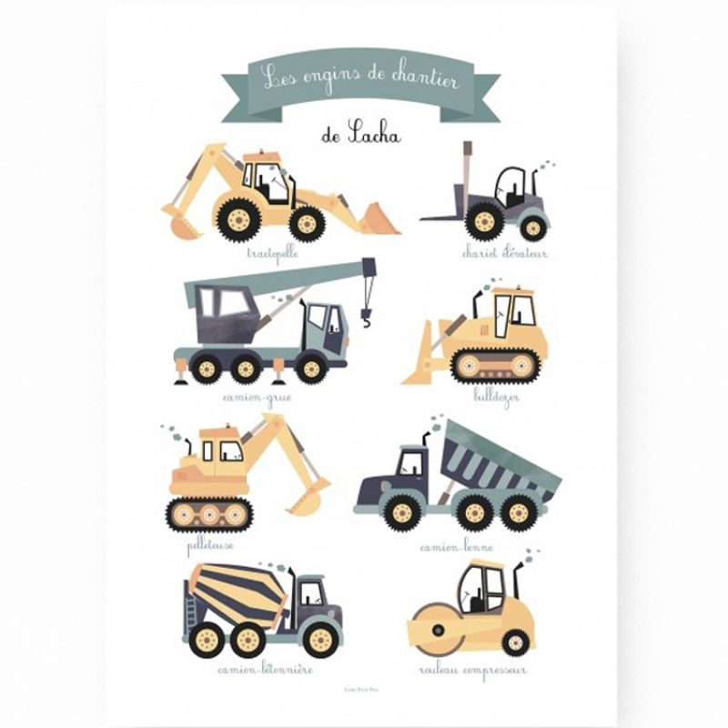 Affiche A3 Les engins de chantier (personnalisable) Lutin Petit Pois