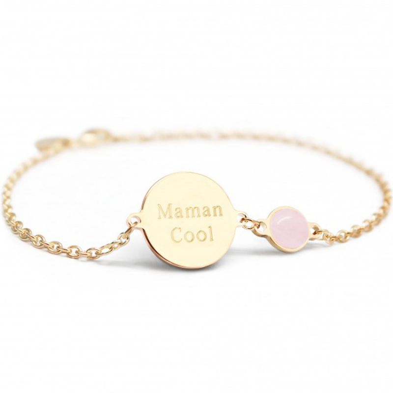 Bracelet femme médaille quartz rose plaqué or (personnalisable) Petits trésors