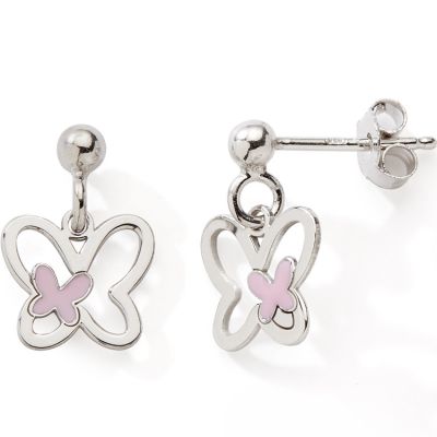 Boucles d'oreilles pendantes Papillon rose (argent)  par Baby bijoux