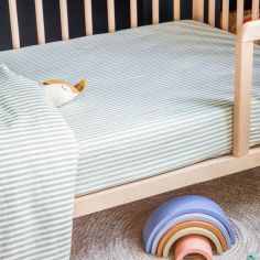 Drap housse en percale de coton Rayé Bleu Ardoise (60 x 120 cm)