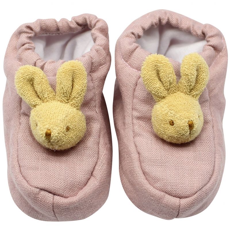 Chaussons lapin en lin vieux rose et pochette de rangement en coton (0-2 ans) Trousselier