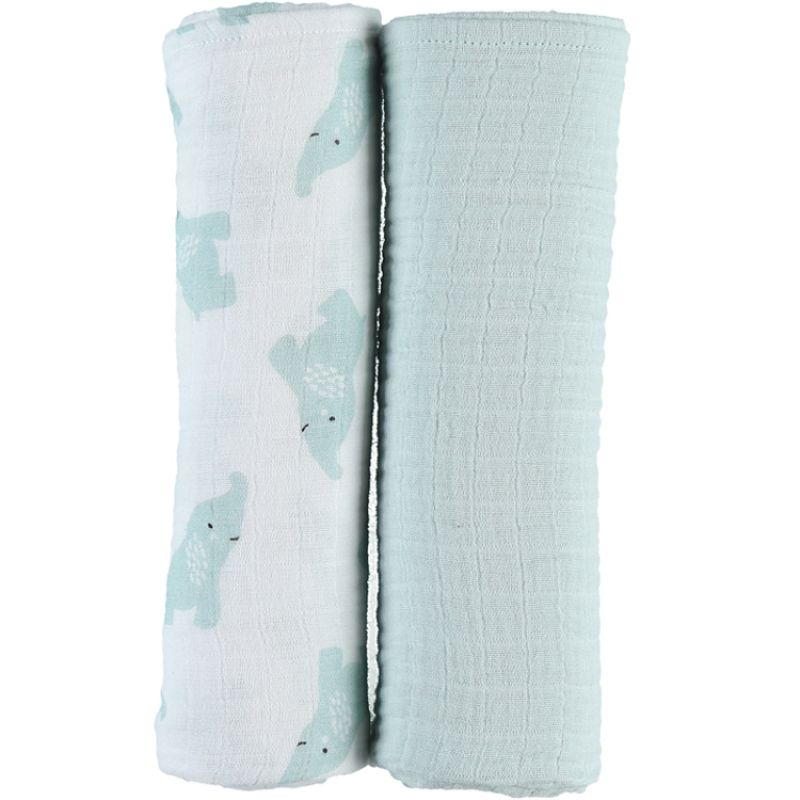 Lot de 2 maxi langes en mousseline de coton Eléphant menthe (100 x 100 cm) Noukie's