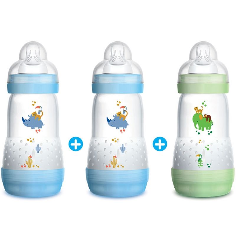 Lot de 3 biberons anti-colique bleu et vert Easy Start - débit 2 moyen (260 ml) MAM