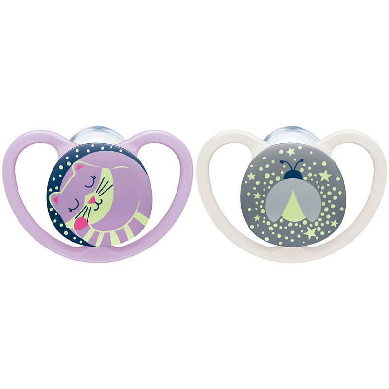 Lot de 2 sucettes physiologiques phosphorescentes Space chat et coccinelle (0-6 mois) NUK