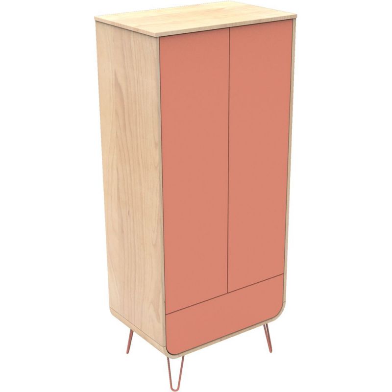Armoire 2 portes et 1 tiroir Bambin corail-bois pieds fil corail Sauthon Original