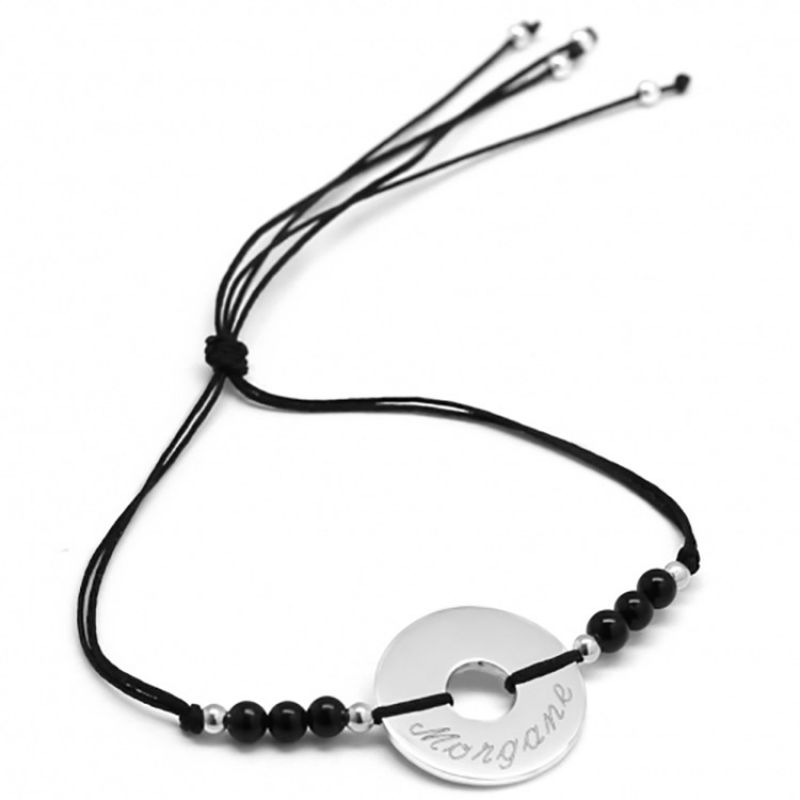 Bracelet cordon Rainbow Mini jeton noir personnalisable (argent 925°) Petits trésors