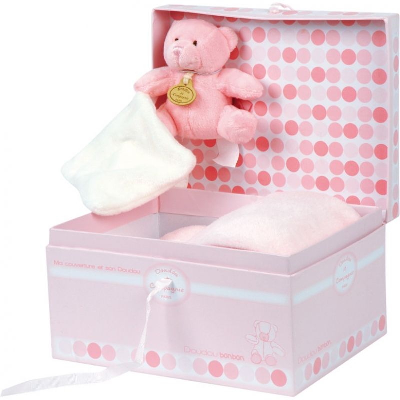 Coffret couverture et ours rose (90 x 90 cm) Doudou et Compagnie