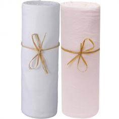 Lot de 2 draps housses en coton bio blanc et rose poudré (60 x 120 cm)