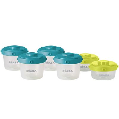 Lot de 6 pots de conservation clipsables Portion 1er âge bleu et vert Béaba