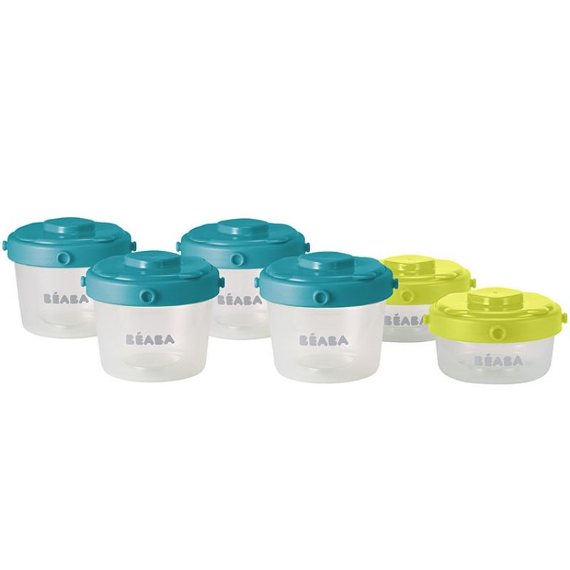Lot de 6 pots de conservation clipsables Portion 1er âge bleu et vert Béaba