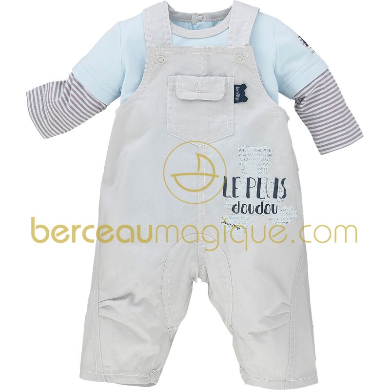 Ensemble T-shirt et salopette ''Le plus doudou'' Aquarelle bleue (12 mois) Sucre d'orge