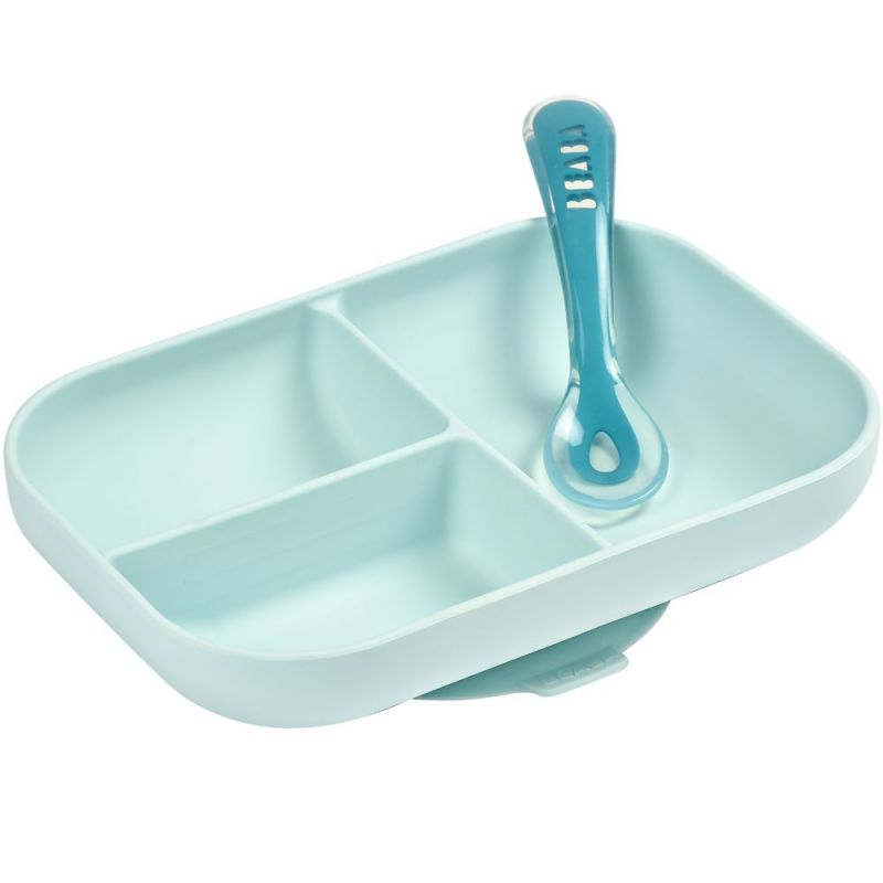 Coffret assiette à compartiments et cuillère bleu Béaba