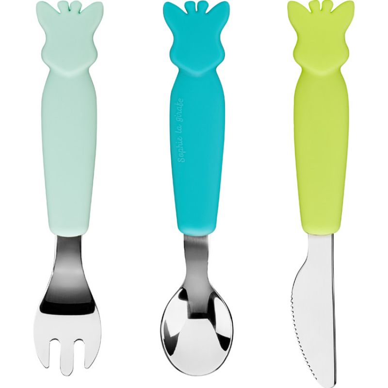 Lot de 3 couverts avec manche en silicone Azur Sophie la girafe