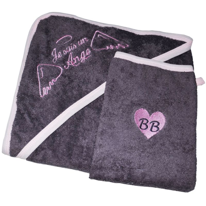 Cape de bain brodée Je suis un ange + gant taupe - rose BB & Co