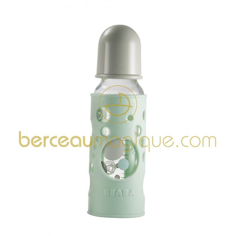 Biberon en verre de 250 ml avec sa housse de protection poudré bleu Béaba