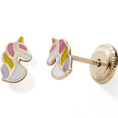 Boucles d'oreilles tête de licorne colorée (or jaune 375°)  par Baby bijoux