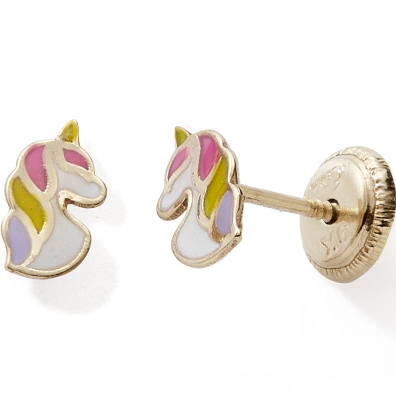 Boucles d'oreilles tête de licorne colorée (or jaune 375°) Baby bijoux Produit 1