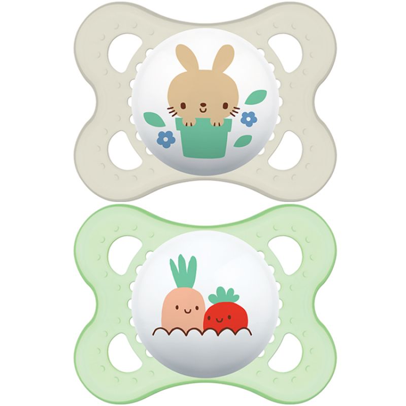 Lot de 2 sucettes anatomiques Original lapin et légumes en silicone (2-6 mois) MAM