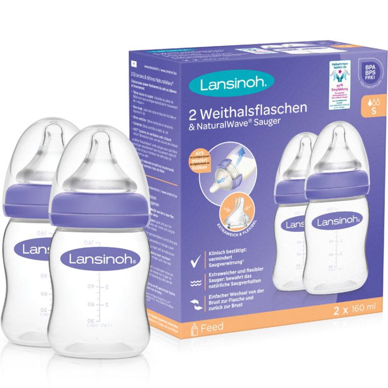 Lot de 2 biberons avec tétine Natural Wave® spécial allaitement (160 ml) Lansinoh