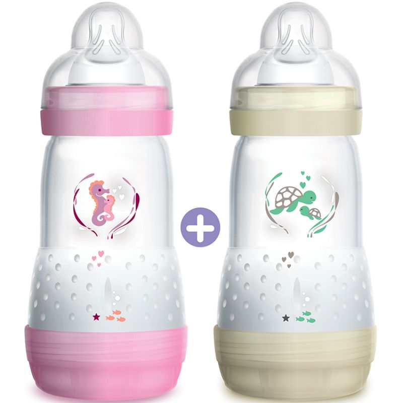 Lot de 2 biberons anti-colique rose et écru - débit 2 moyen (260 ml) MAM