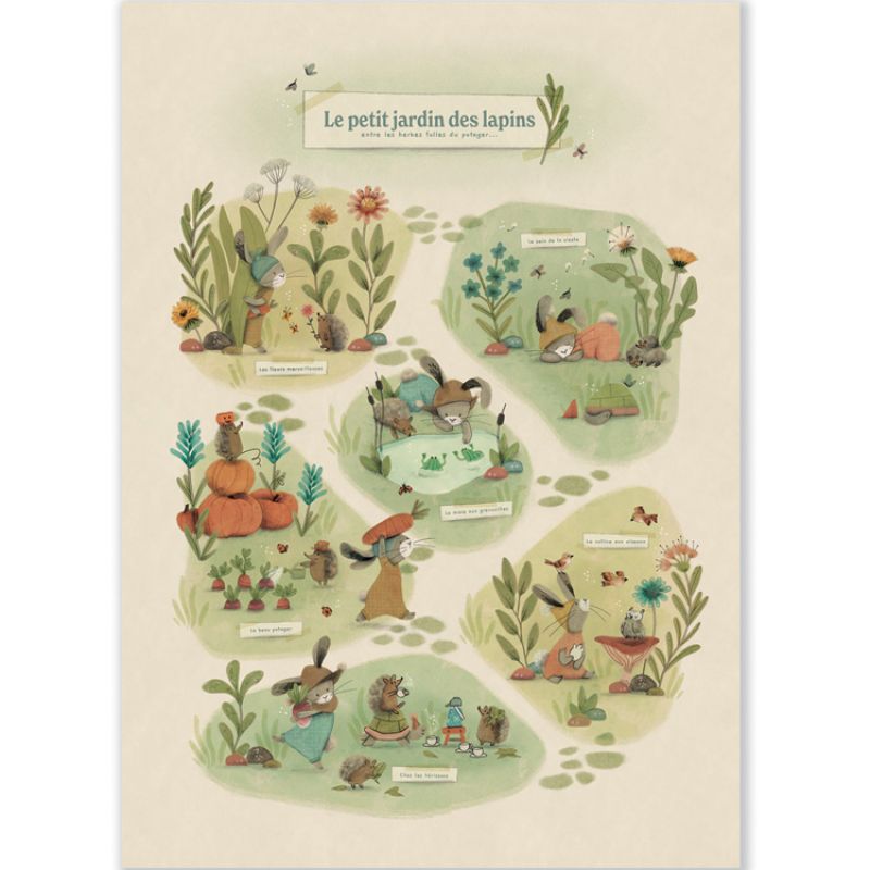 Affiche Le petit jardin Trois petits lapins (50 x 70 cm) Moulin Roty