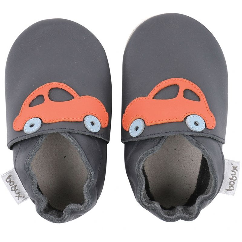 Chaussons en cuir Soft soles bleu marine voiture orange (3-9 mois) Bobux