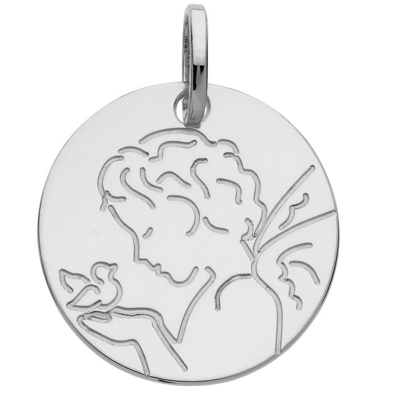 Médaille chérubin oiseau 16 mm (or blanc 375°) Berceau magique bijoux