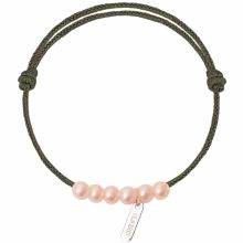Bracelet bébé Baby little treasures cordon kaki 6 perles roses 3 mm (or blanc 750°)  par Claverin