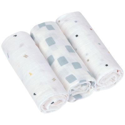 Lot de 3 langes en mousseline GOTS Happy Fruits bleu (85x85 cm)