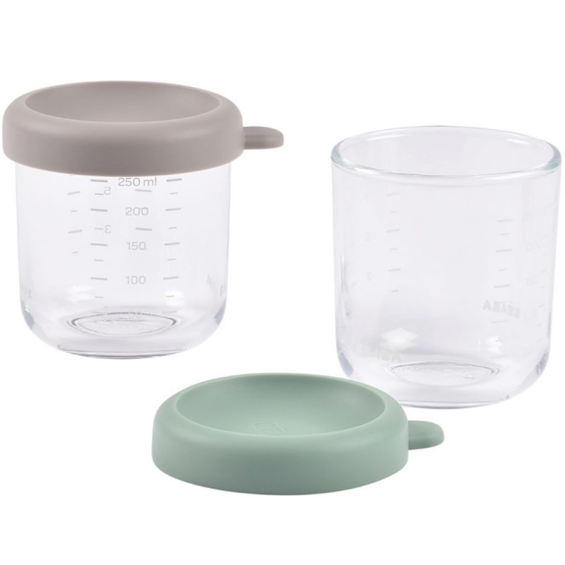 Lot de 2 pots de conservation en verre 250 ml gris et vert d'eau Béaba Produit 1
