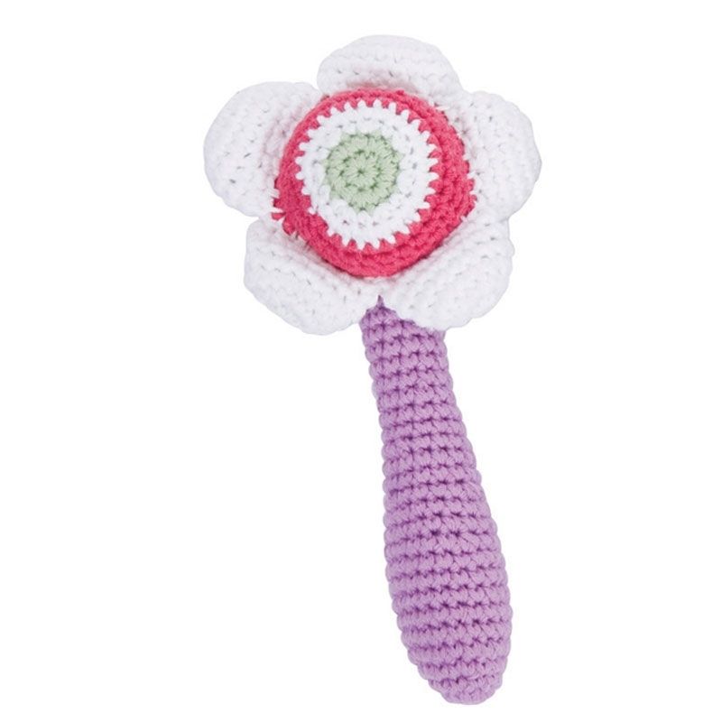Hochet vertical Fleur rose en crochet 