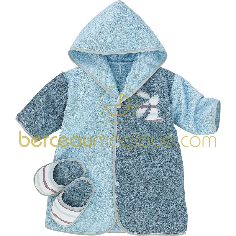 Peignoir bébé personnalisable et mules assorties Aquarelle bleue  Sucre d'orge