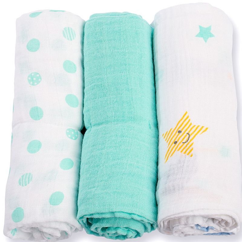 Lot de 3 langes étoiles et pois aqua (70 x 70 cm) Lulujo