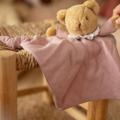 Doudou plat avec hochet Ours Vieux Rose