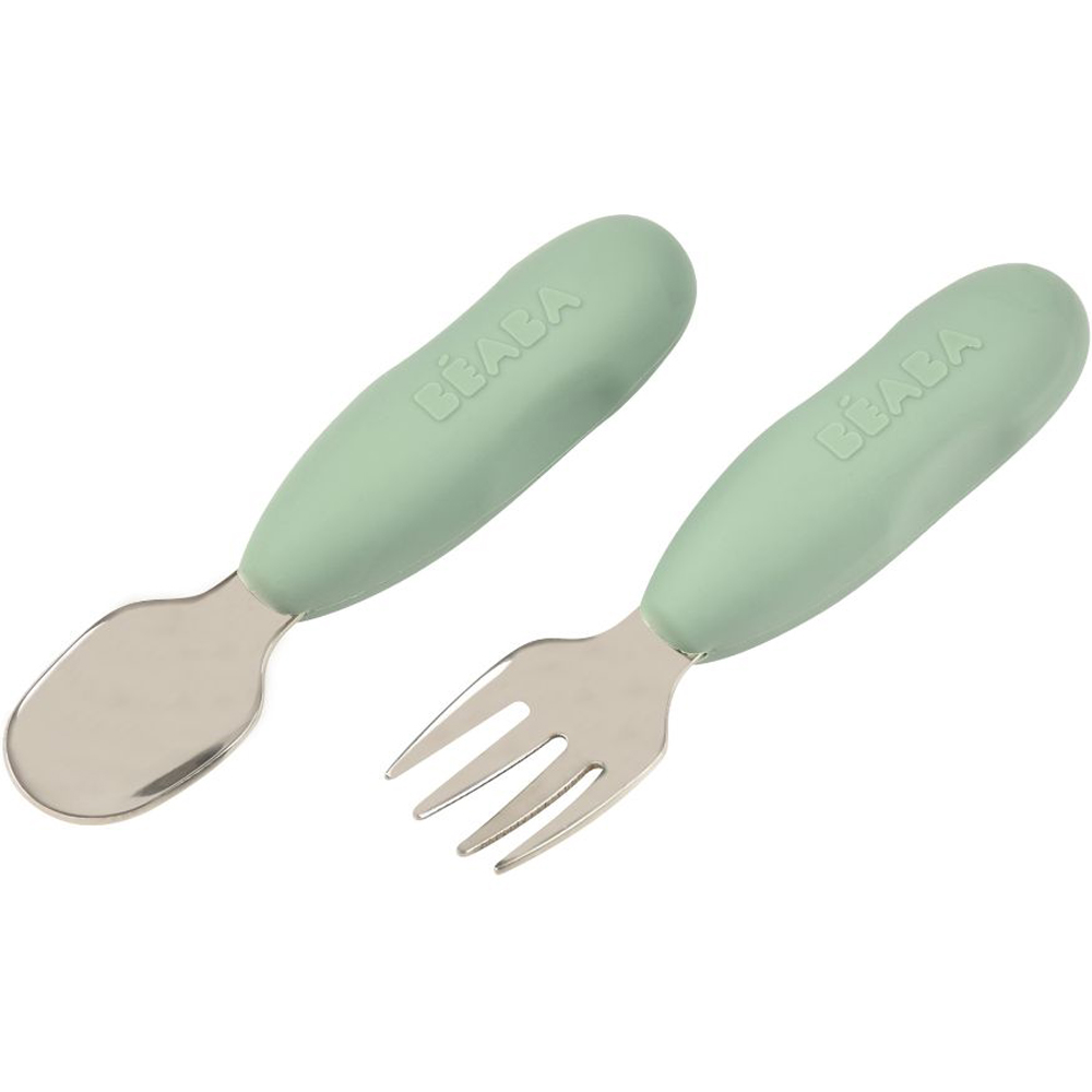 Lot de 2 pré-couverts en inox vert sauge : Béaba