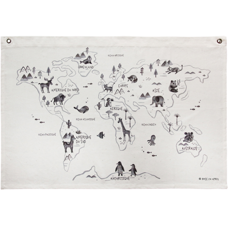 Carte du Monde mappemonde murale tissu - écru, Linge de maison et