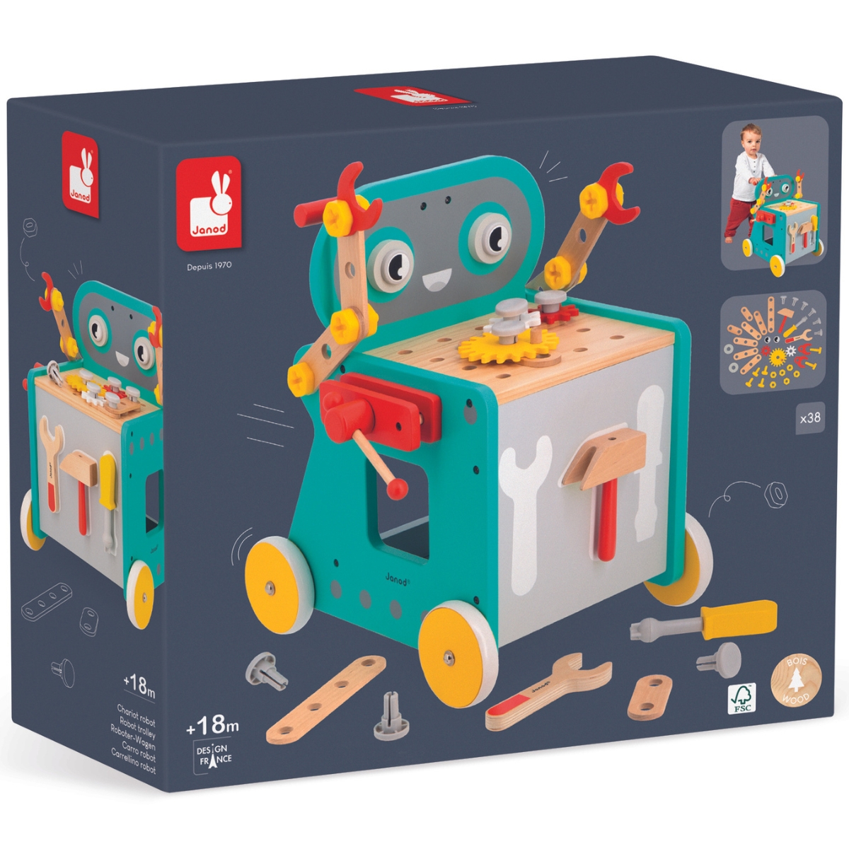 Janod Brico'Kids – Chariot De Bricolage Magnétique En Bois Pour Enfant Dès 18 Mois – 25 Outils & Accessoires Inclus