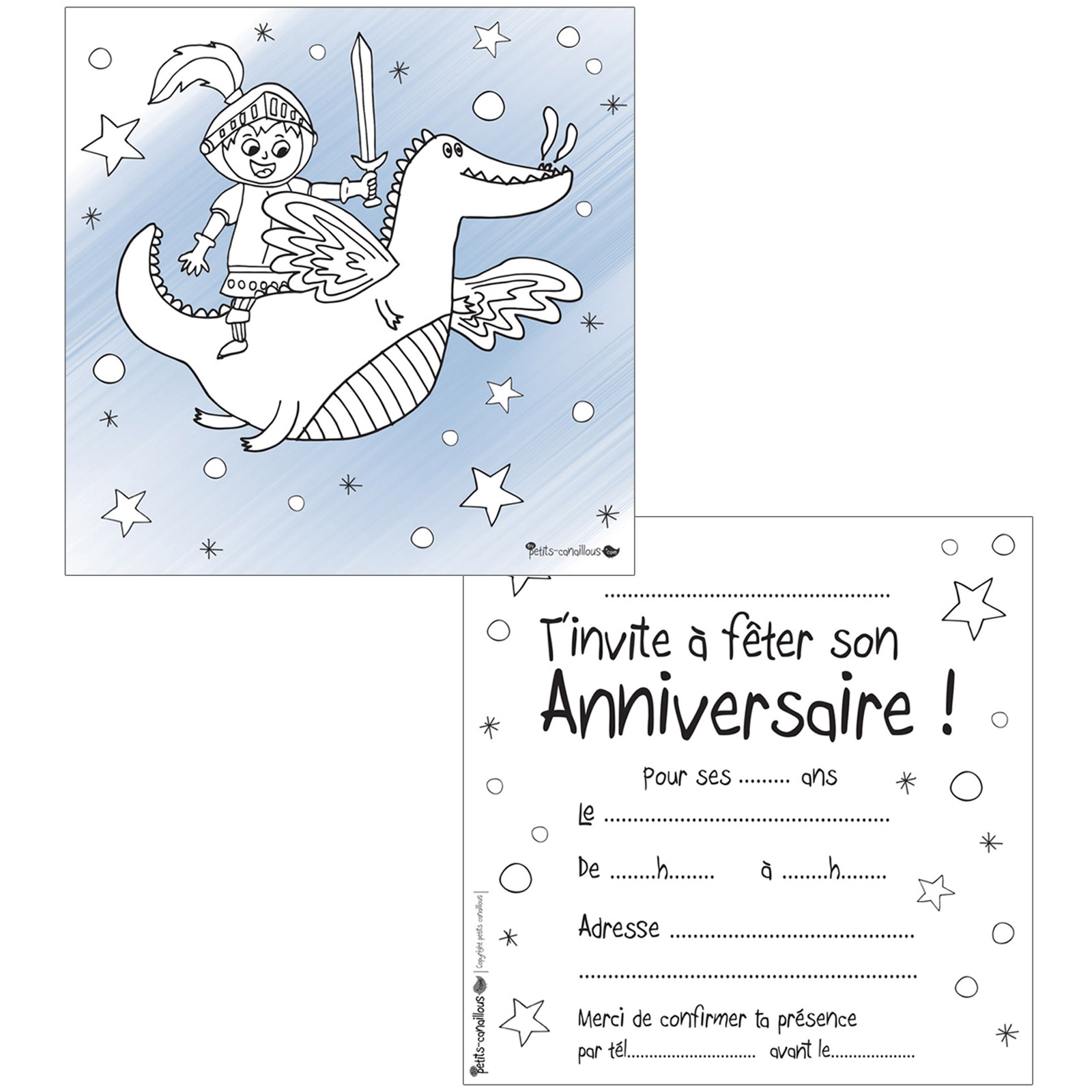 Lot de 10 cartes d invitations   colorier chevalier dragon Petits canaillous